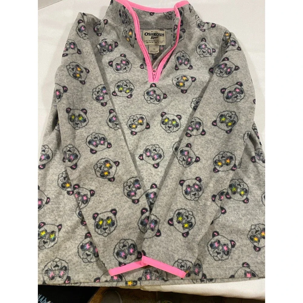 OshKosh B'Gosh Girl's Half-Zip Fleece Pullover Cozie (12 years Gray Panda) NWOT